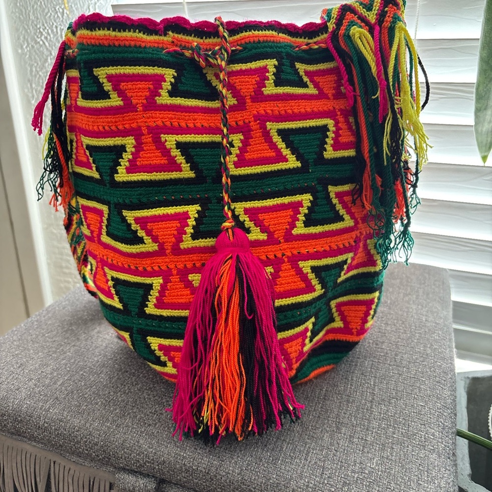 Handcrafted Multicolor Crochet Bucket Bag - Vibrant Pink & Green